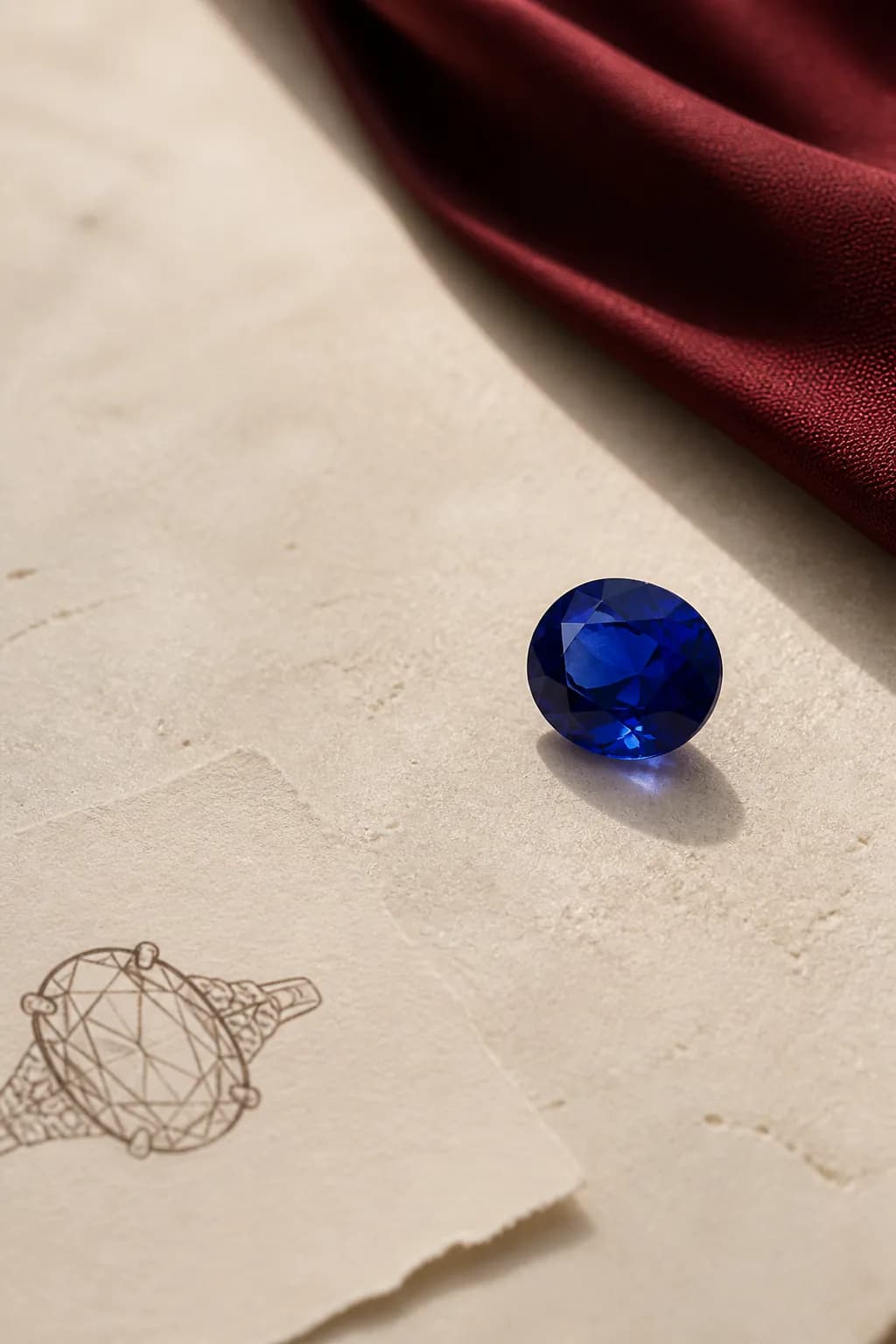 Deep blue loose gemstone design direction beside a jewelry sketch.