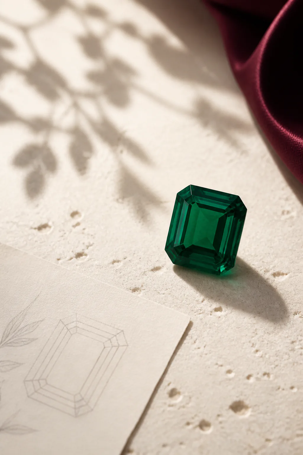 Deep green loose gemstone design direction beside a jewelry sketch.