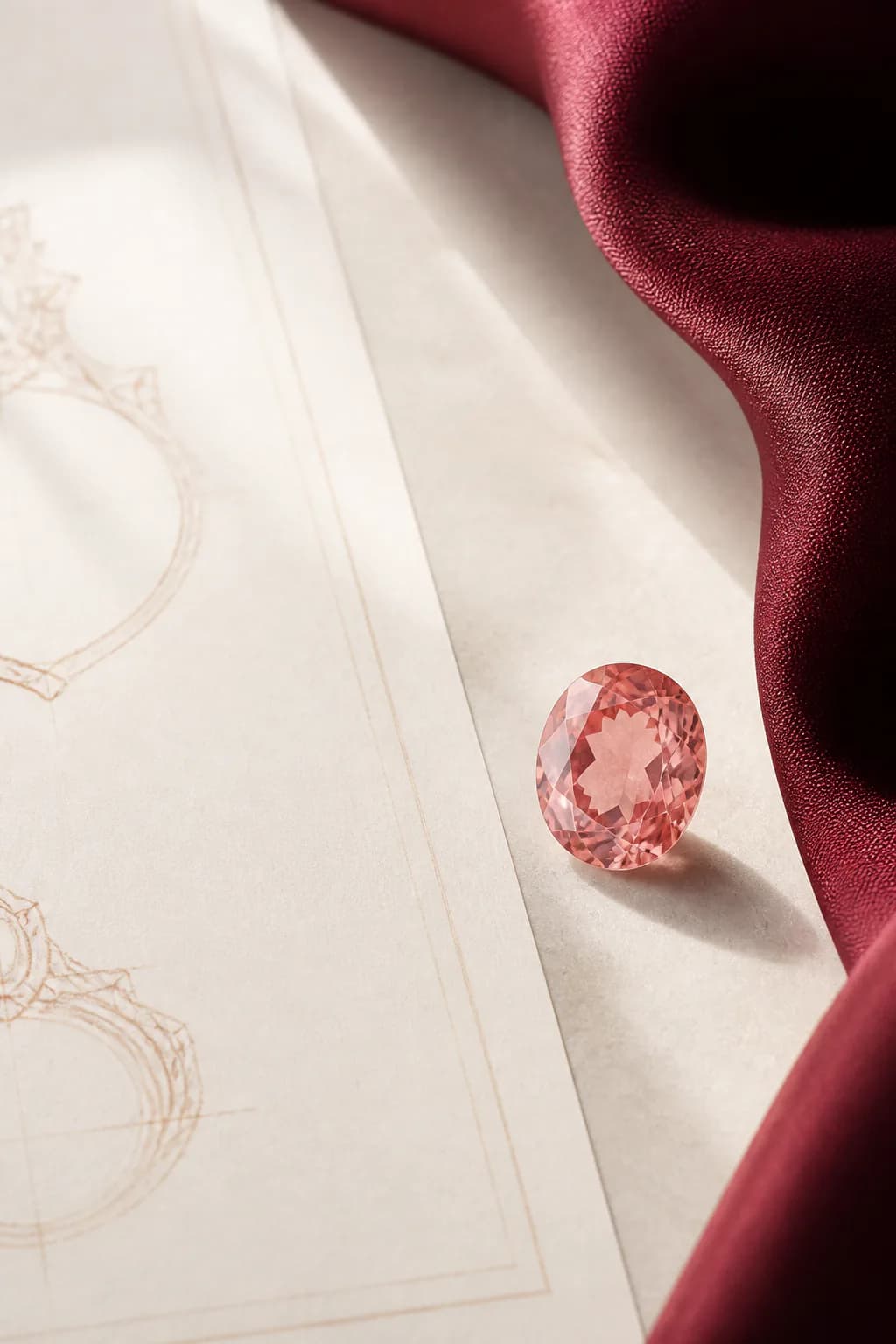 Warm pink-to-peach loose gemstone design direction beside a jewelry sketch.