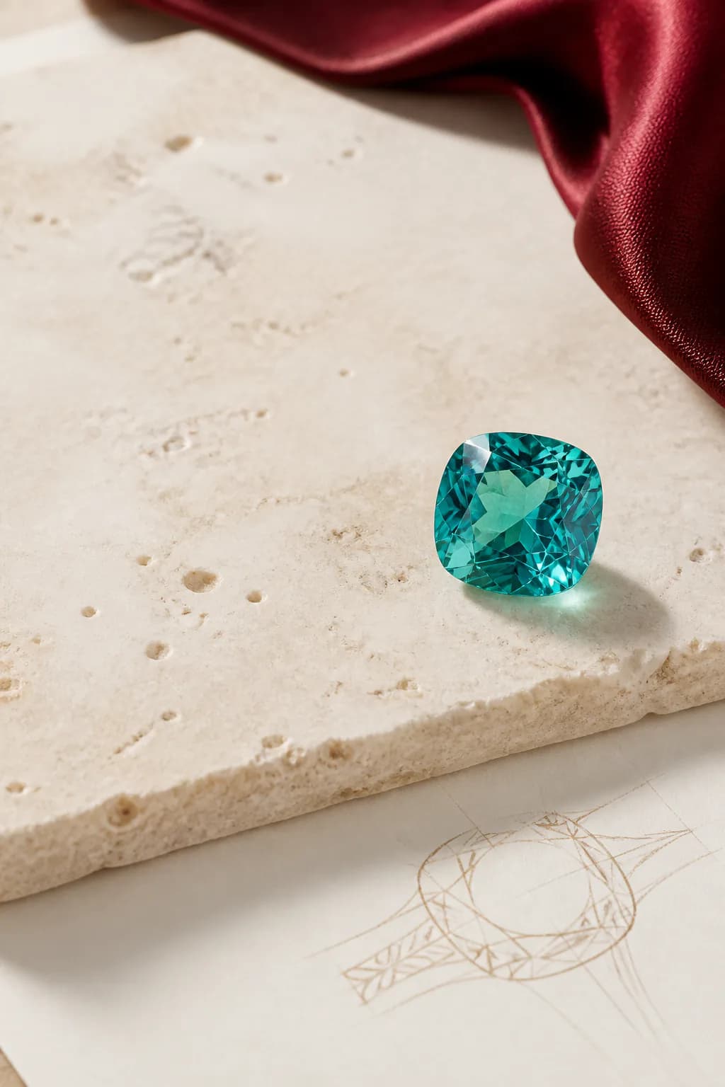 Vivid teal loose gemstone design direction beside a jewelry sketch.