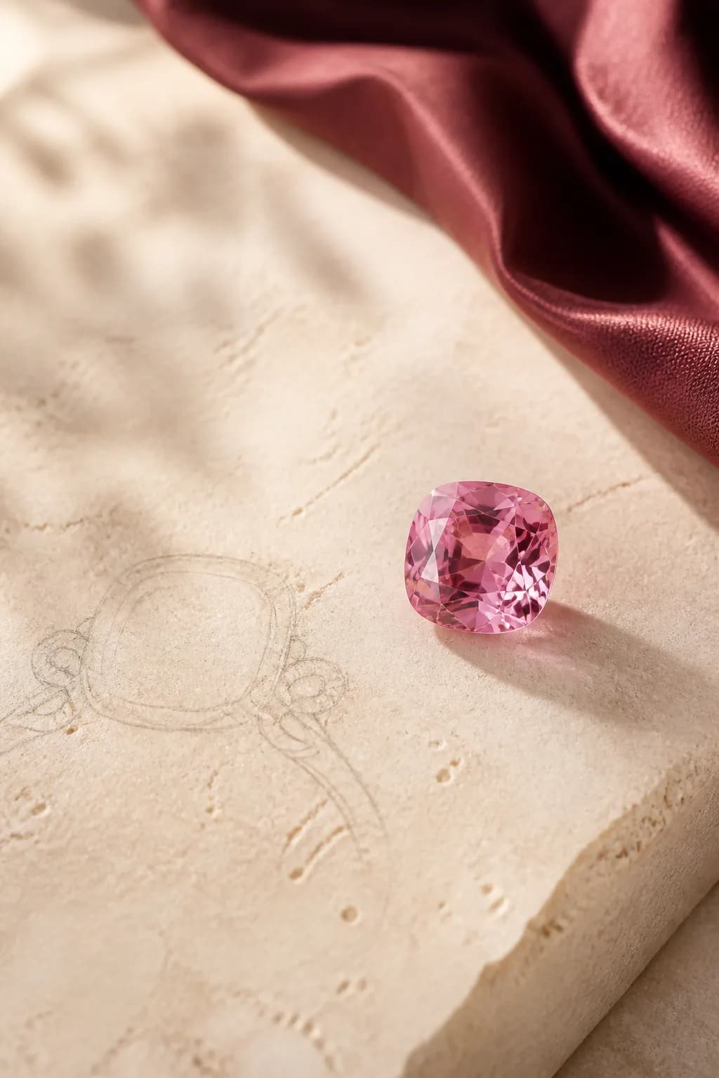 Pink loose gemstone design direction beside a jewelry sketch.
