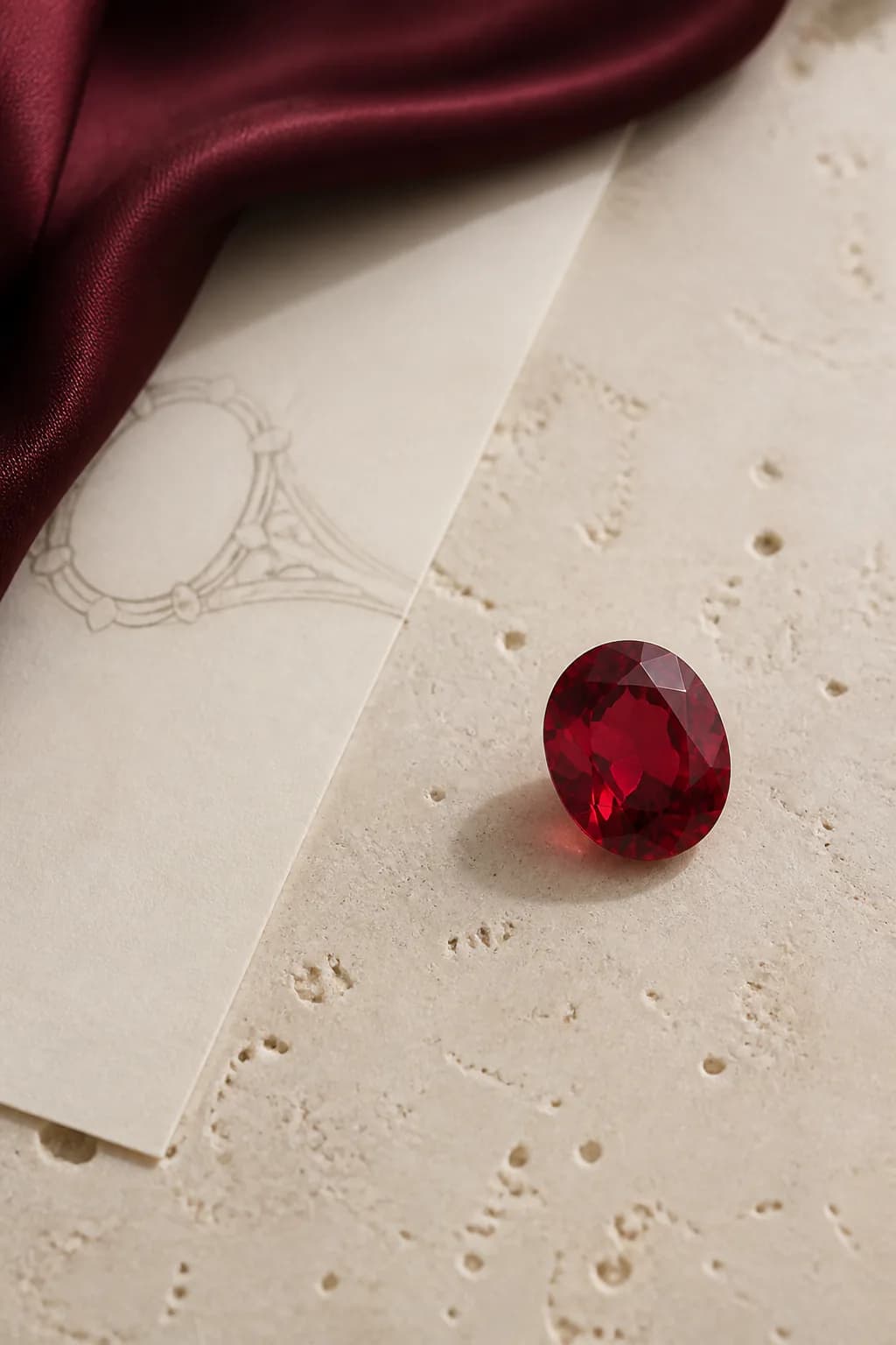 Ruby-red loose gemstone design direction beside a jewelry sketch.