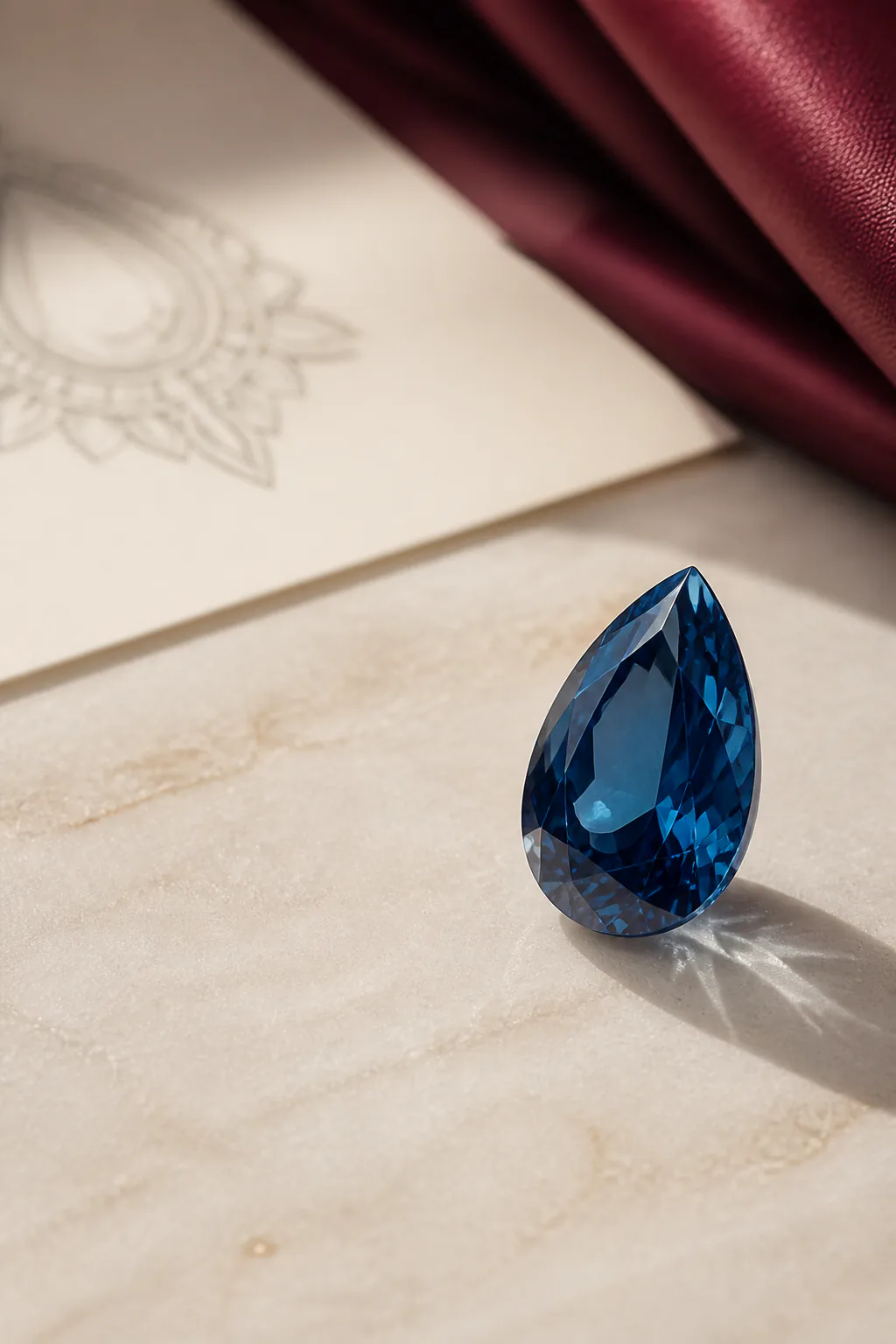 Blue loose moissanite design direction on a warm stone surface.