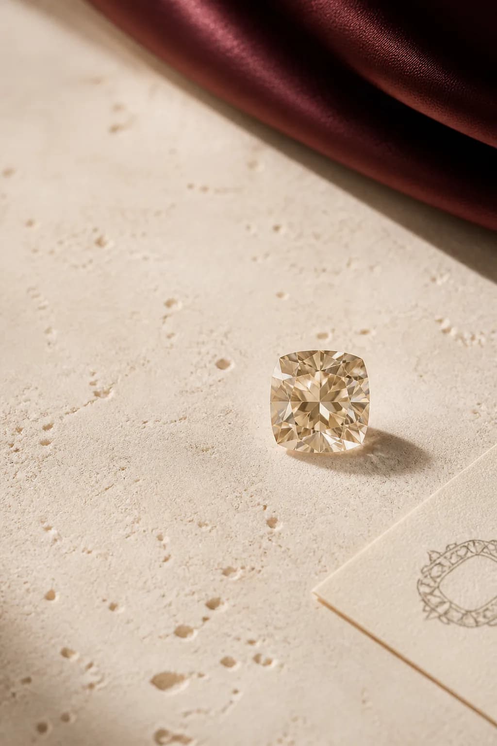 Champagne loose moissanite design direction on a warm stone surface.