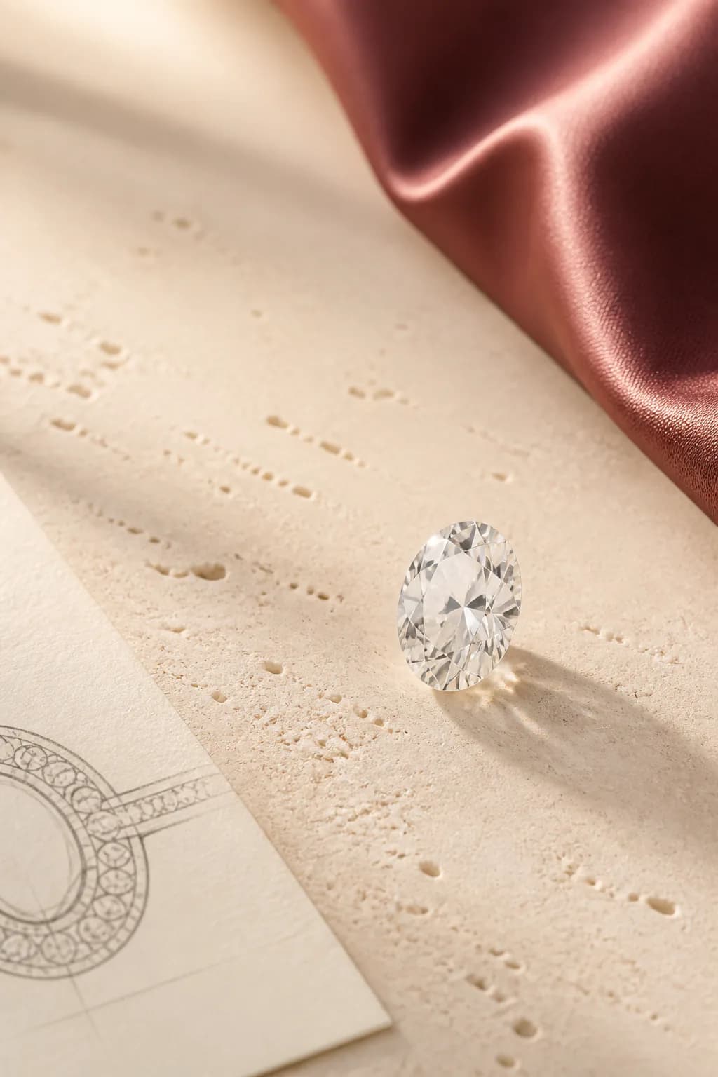 Colorless loose moissanite design direction on a warm stone surface.