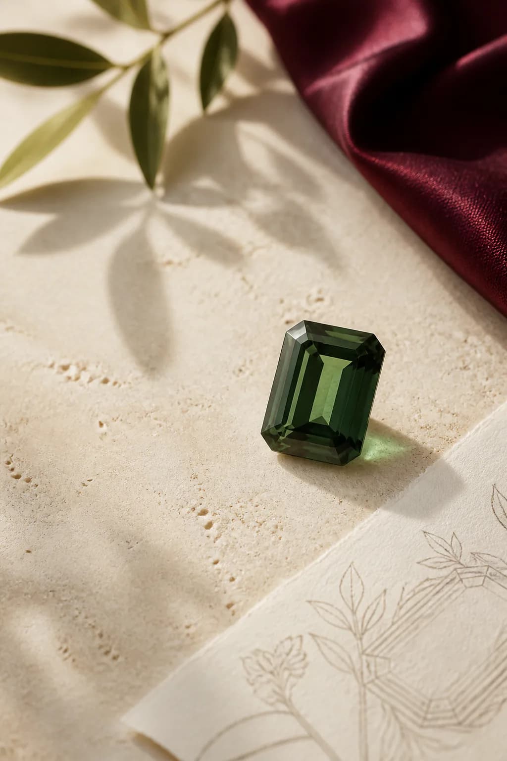 Green loose moissanite design direction on a warm stone surface.