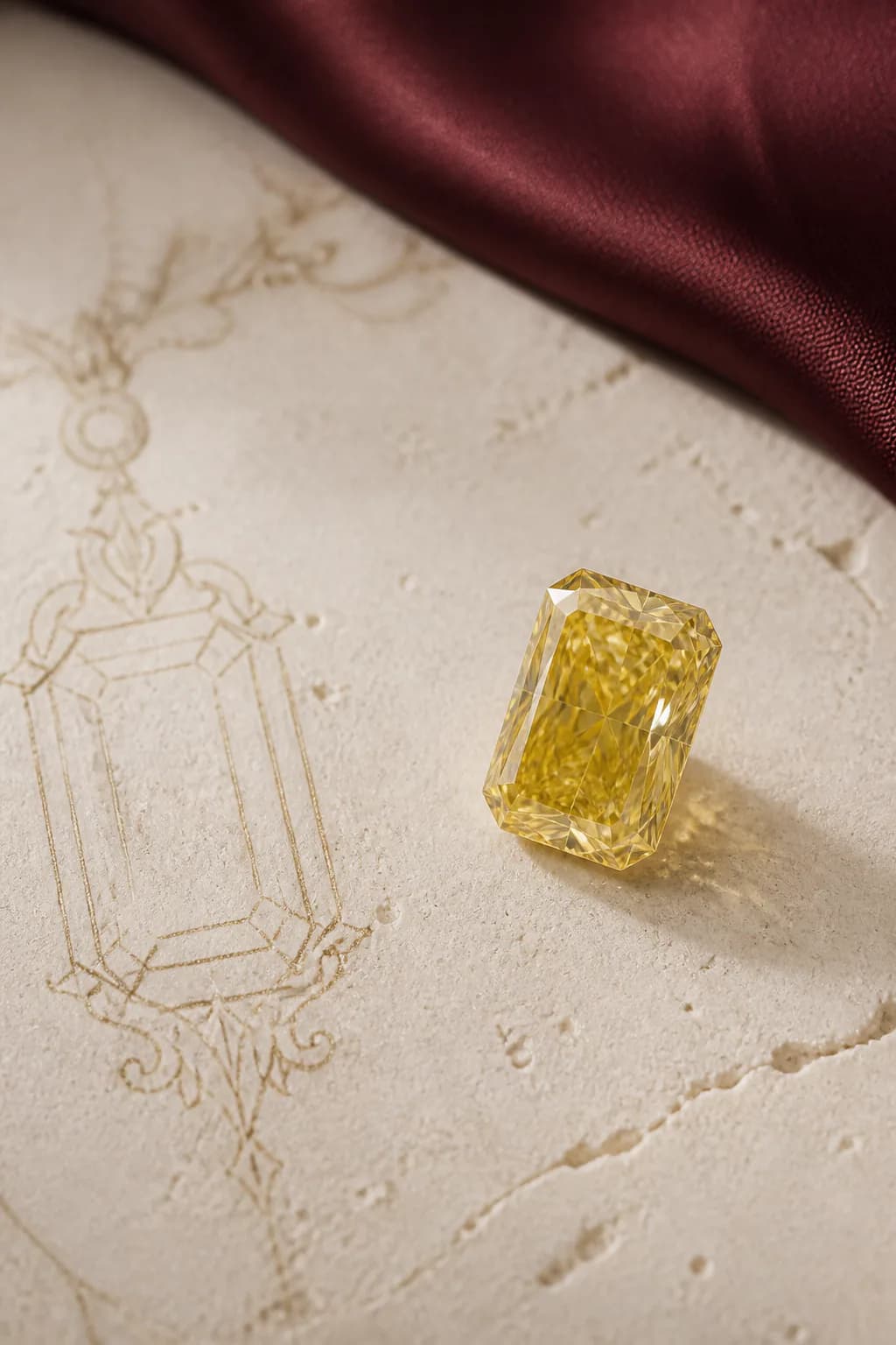 Yellow loose moissanite design direction on a warm stone surface.