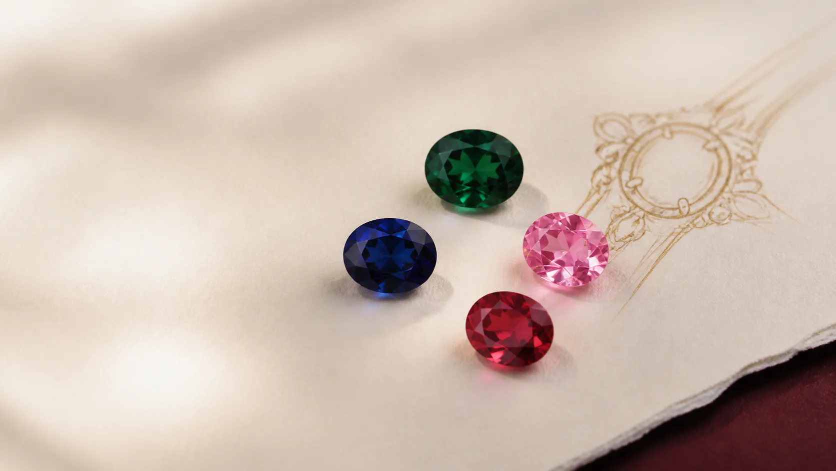 Blue, green, pink, and red loose gemstone design directions beside a jewelry sketch.
