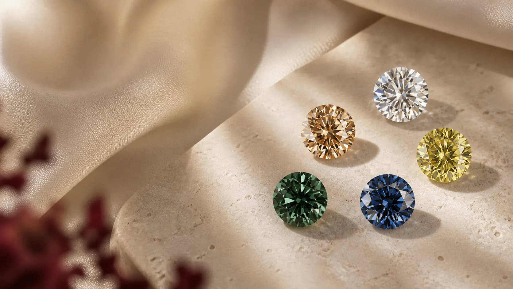 Colorless, champagne, yellow, green, and blue loose moissanite design directions on a warm stone surface.