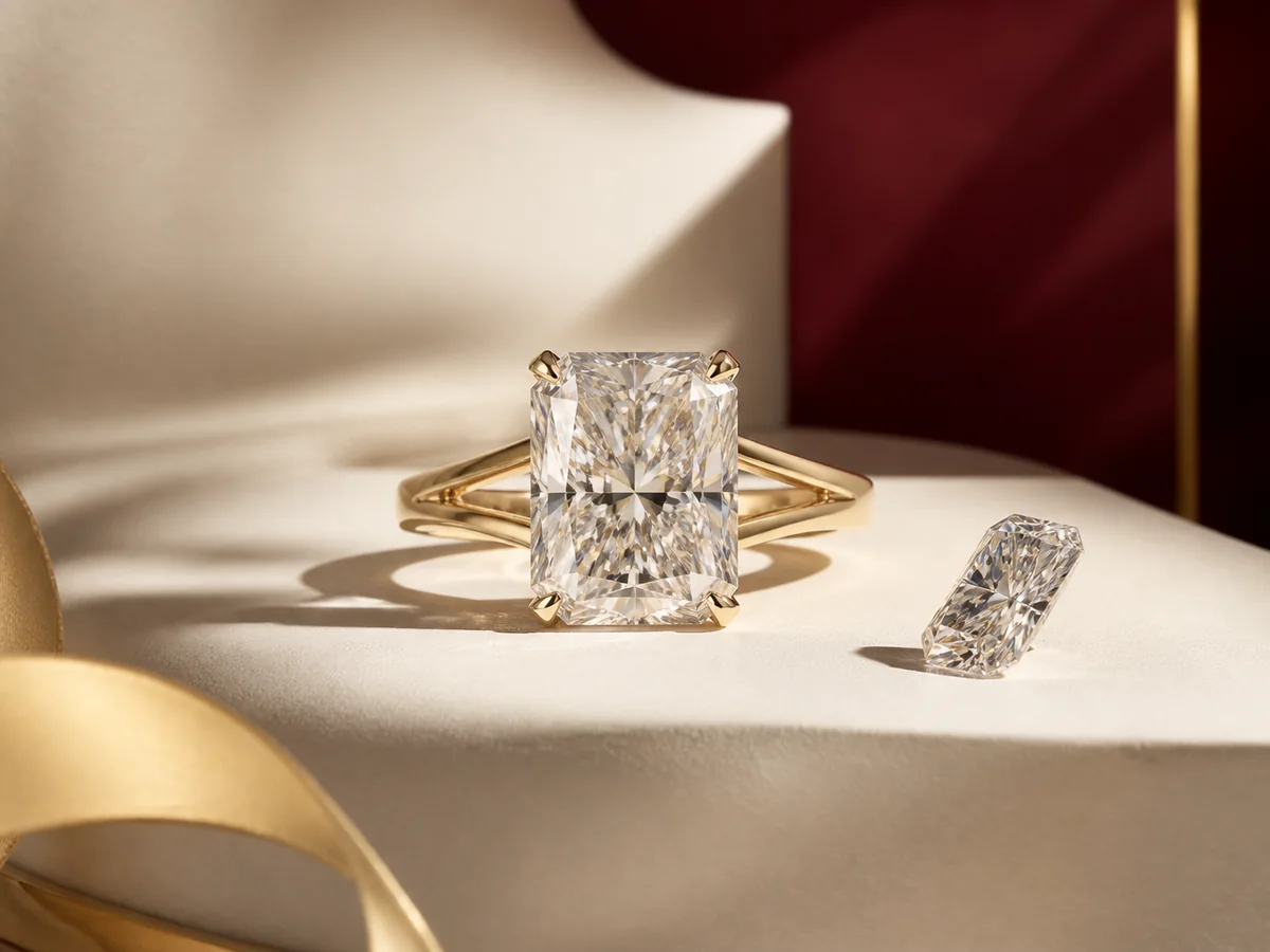 Illustrative three-carat radiant engagement-ring direction in a refined jewelry still life