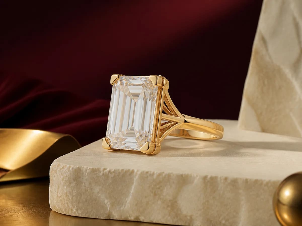 Illustrative four-carat engagement-ring direction in a refined jewelry still life