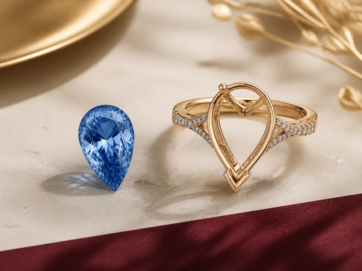 Illustrative people-free jewelry still life with a blue pear laboratory-grown diamond direction and a complementary protected-point ring setting