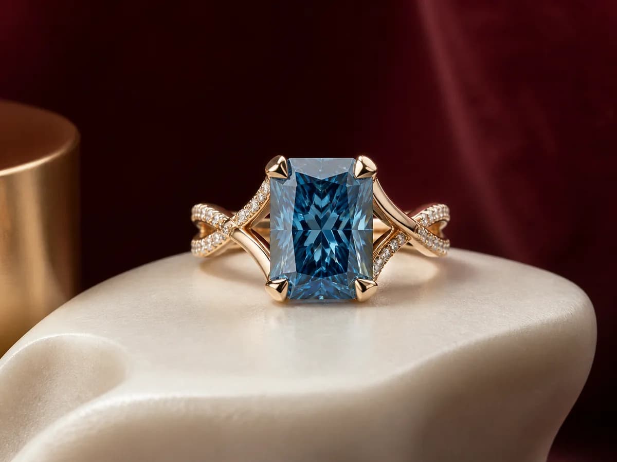 Illustrative people-free jewelry still life with a blue radiant laboratory-grown diamond direction and a complementary clipped-corner ring setting