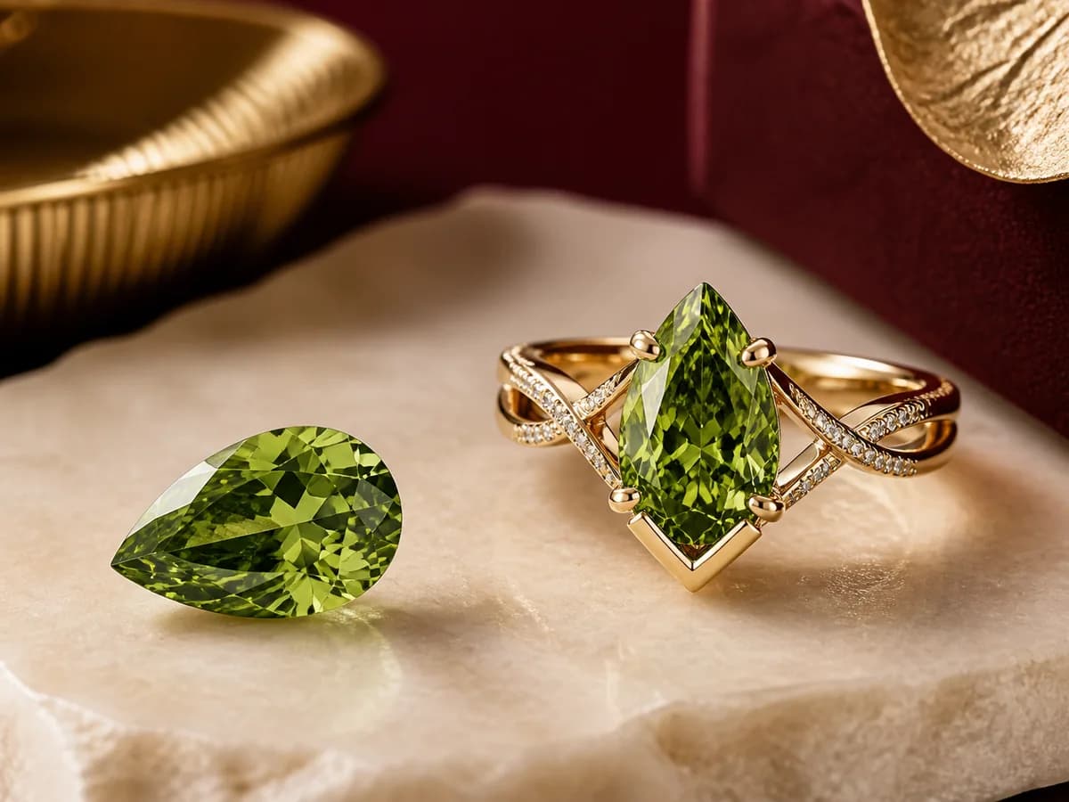 Illustrative people-free jewelry still life with a green pear laboratory-grown diamond direction and a complementary protected-point ring setting