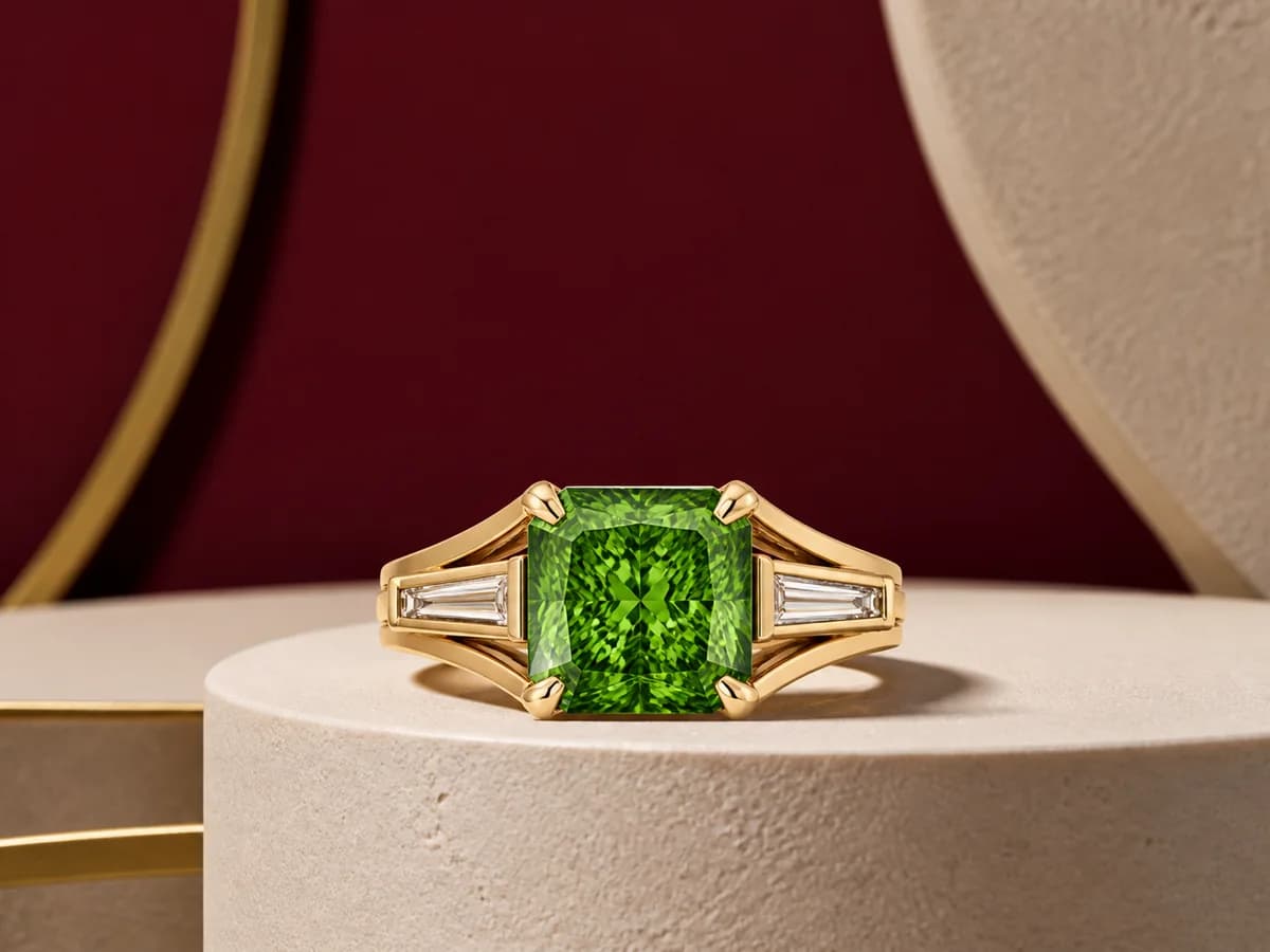 Illustrative people-free jewelry still life with a green radiant laboratory-grown diamond direction and a complementary clipped-corner ring setting