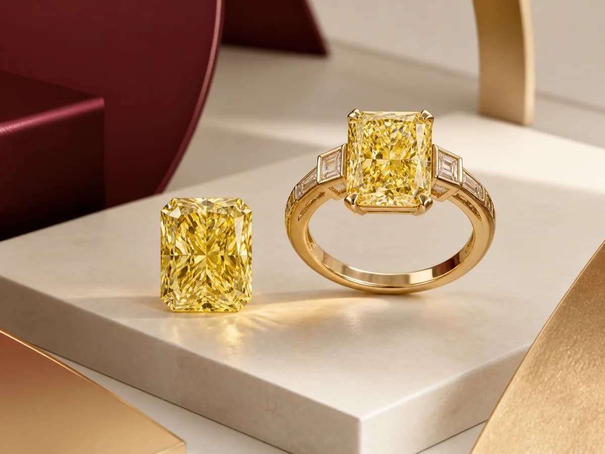 Illustrative people-free jewelry still life with a yellow radiant laboratory-grown diamond direction and a complementary clipped-corner ring setting