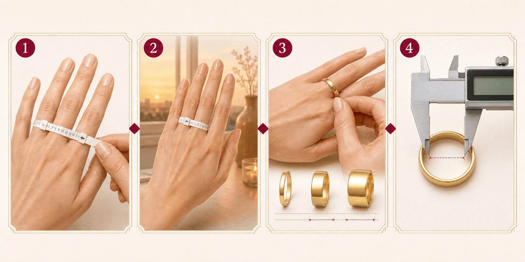 Four-step ring sizing sequence: measure the intended finger, recheck under normal conditions, consider the knuckle and band width, and measure a well-fitting ring's inside diameter.