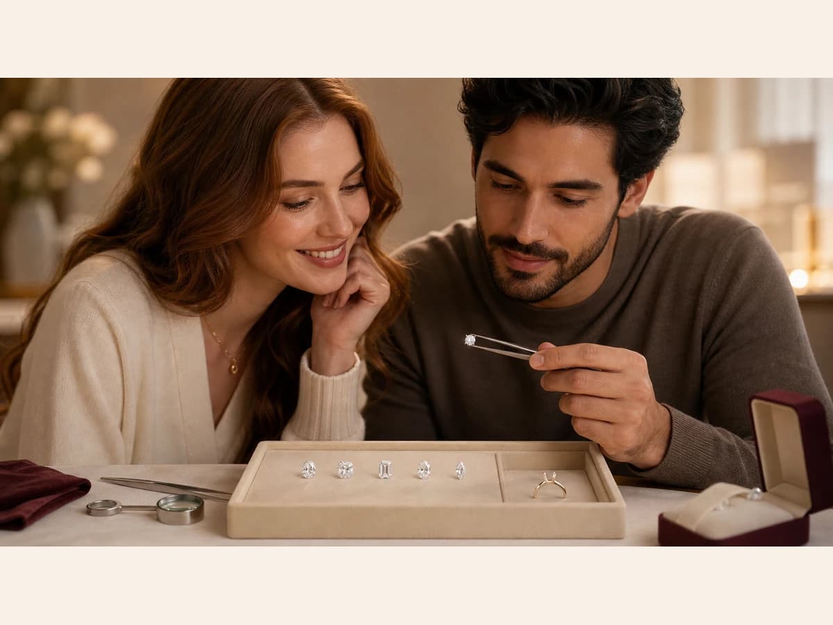 Two people comparing loose center-stone directions at a table