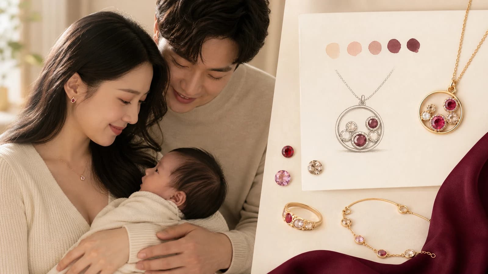 Illustrative family-color jewelry composition arranged as a warm keepsake concept.