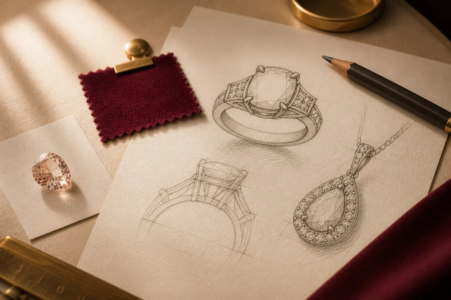 A jewelry design workbench with drawn ring and pendant concepts