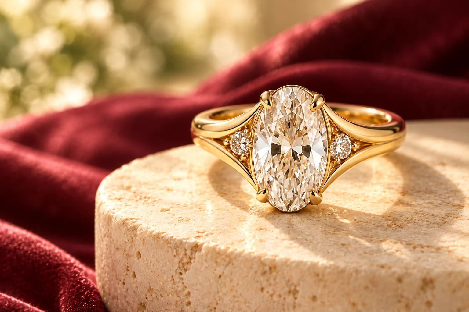 Illustrative oval gold ring with four rounded claws and two round side stones on warm limestone