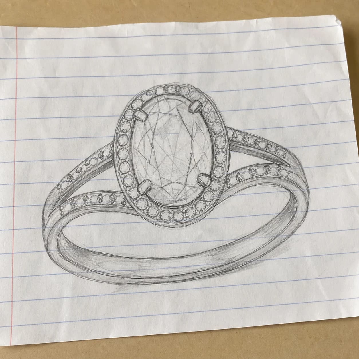 A hand-drawn engagement-ring sketch with an oval center and detailed halo setting.