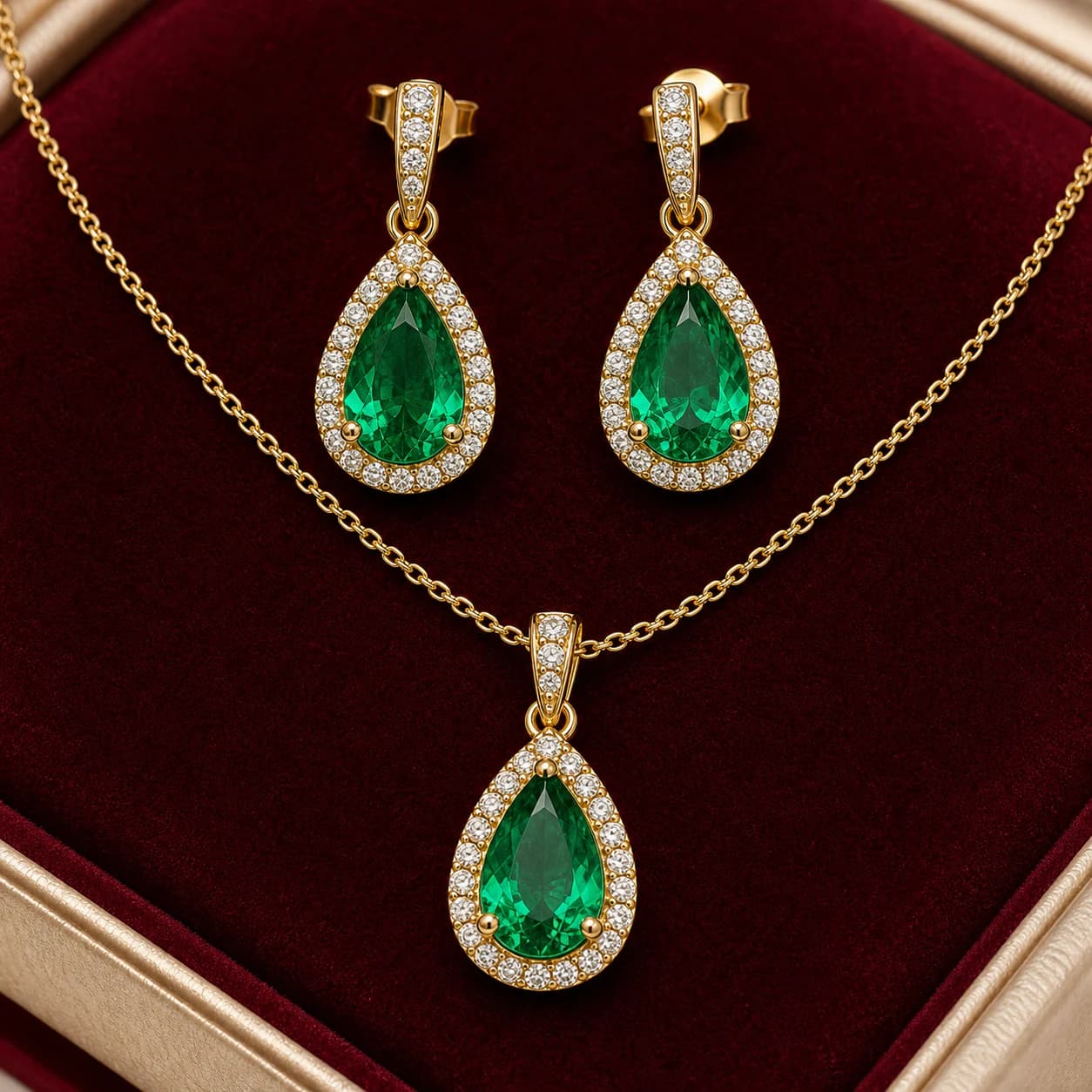 An elegant green gemstone jewelry set in a warm studio setting.