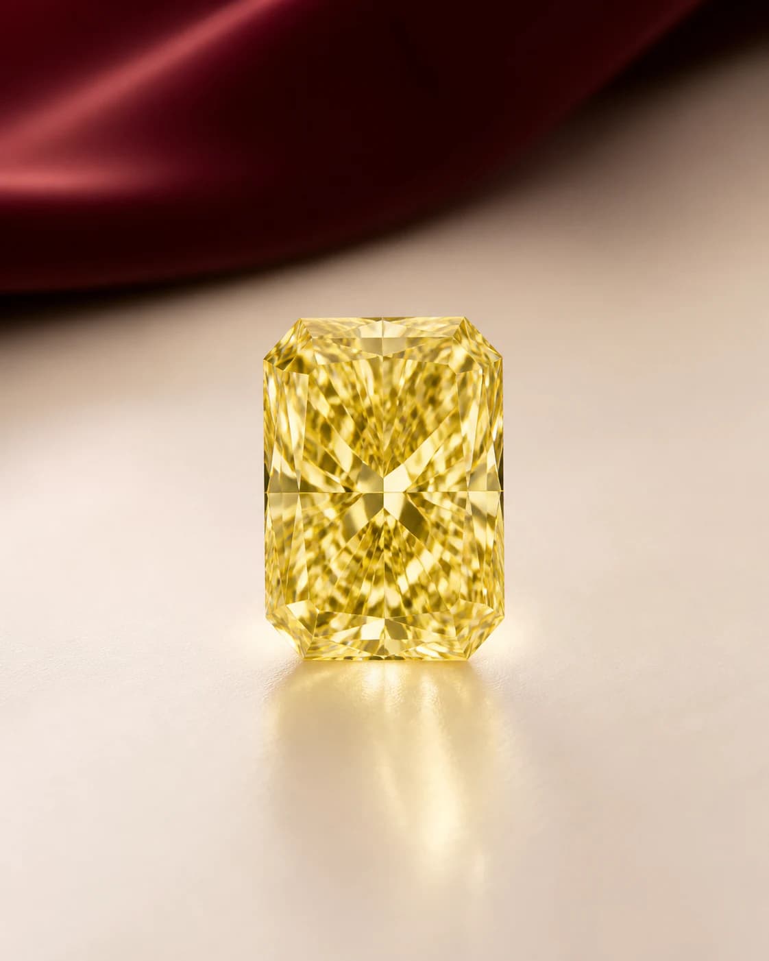 A canary yellow laboratory-grown diamond in warm editorial studio light.