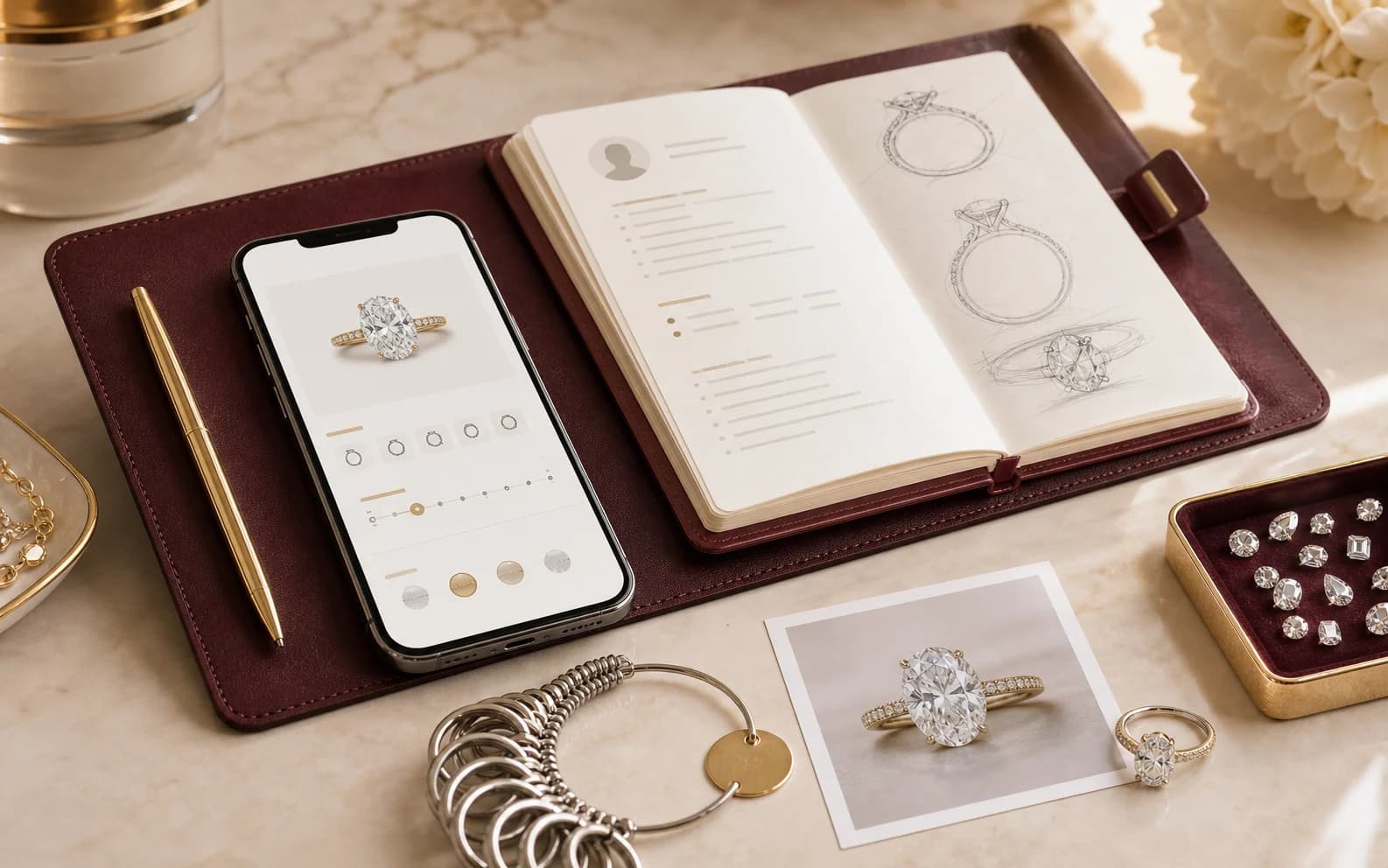Leyloon profile brief with sizing tools, saved preferences, a reference sketch, and loose stones