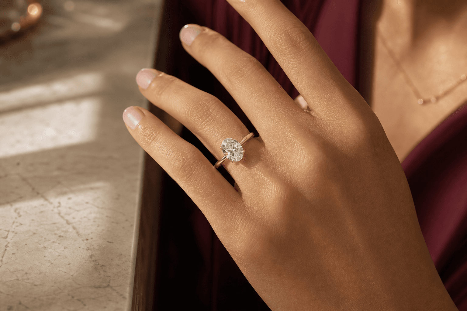 An oval diamond engagement ring shown from above.