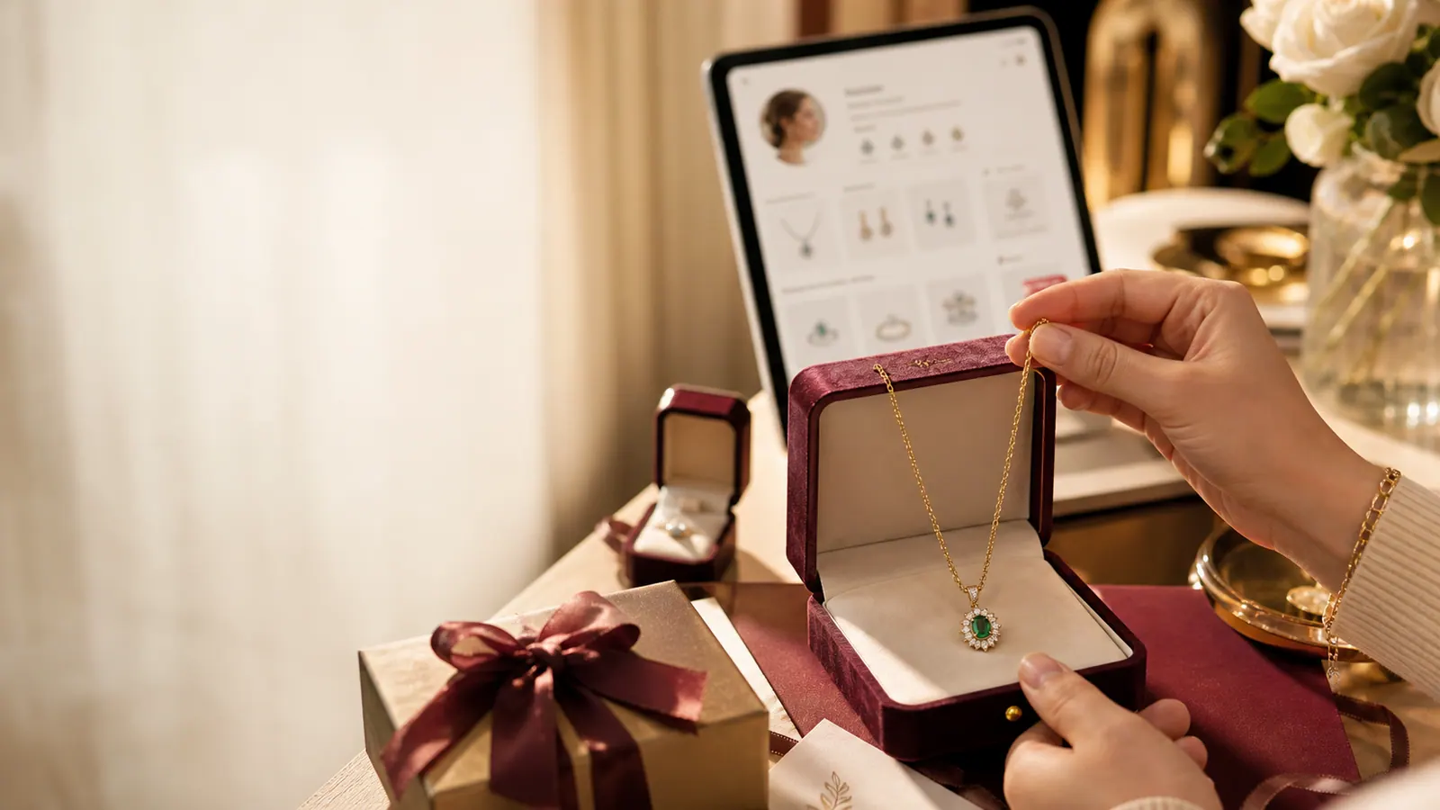 A recipient-inspired necklace held beside a private jewelry preference profile
