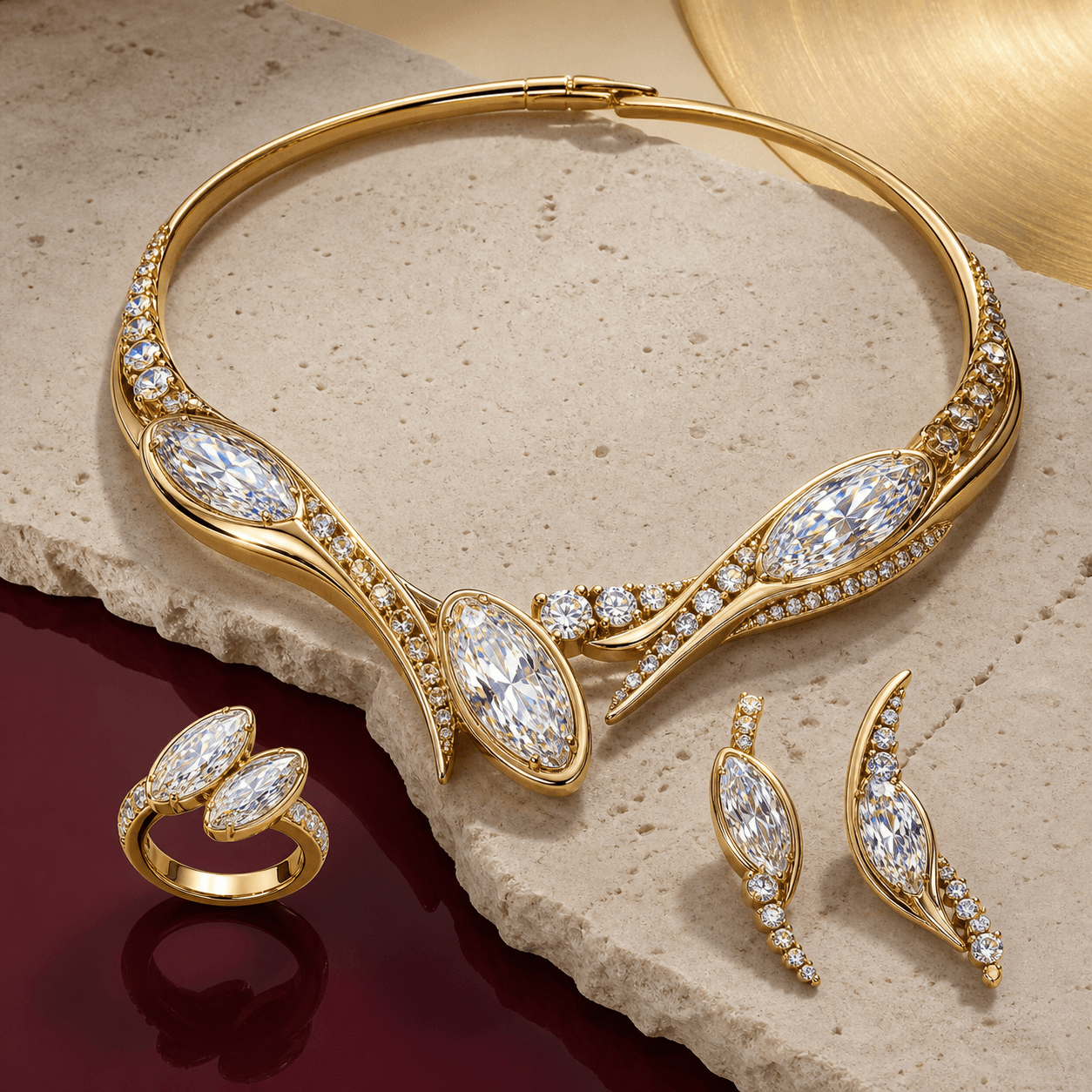 Illustrative colorless moissanite statement collar, sculptural ring, and asymmetric ear-climber directions
