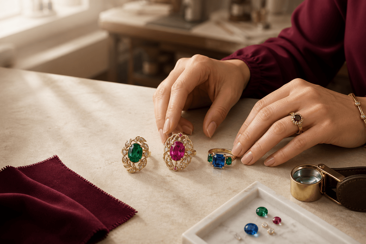 Illustrative hands comparing three original colored-stone jewelry directions in a warm atelier
