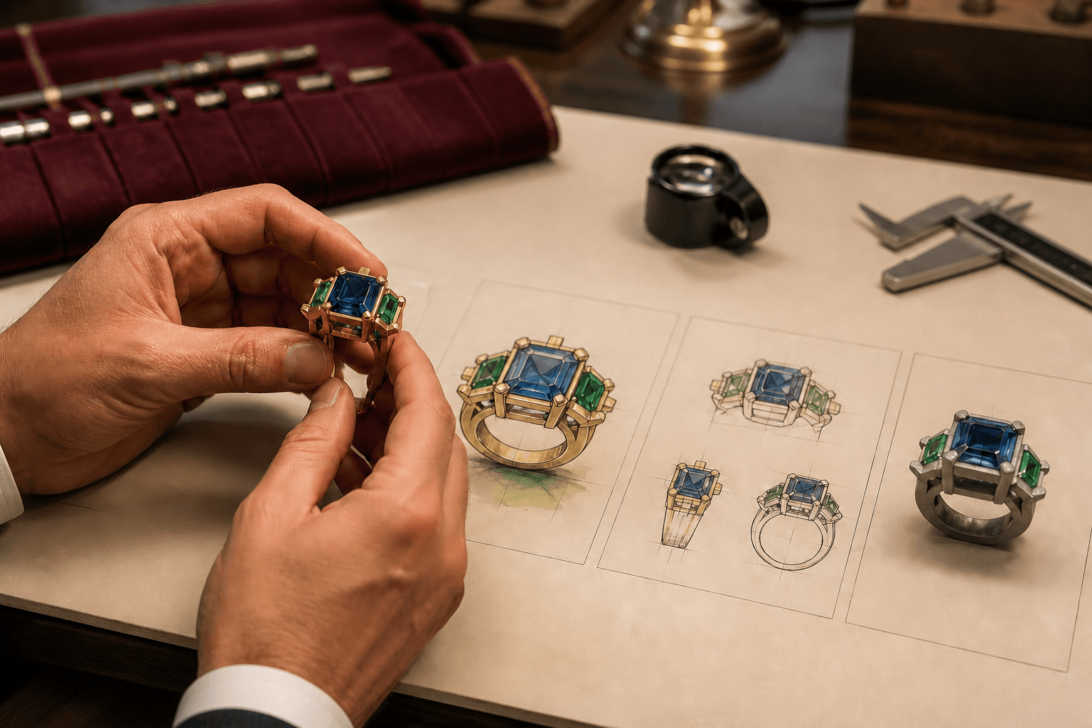 Illustrative jeweler reviewing one blue and green gemstone ring direction across drawing and model stages