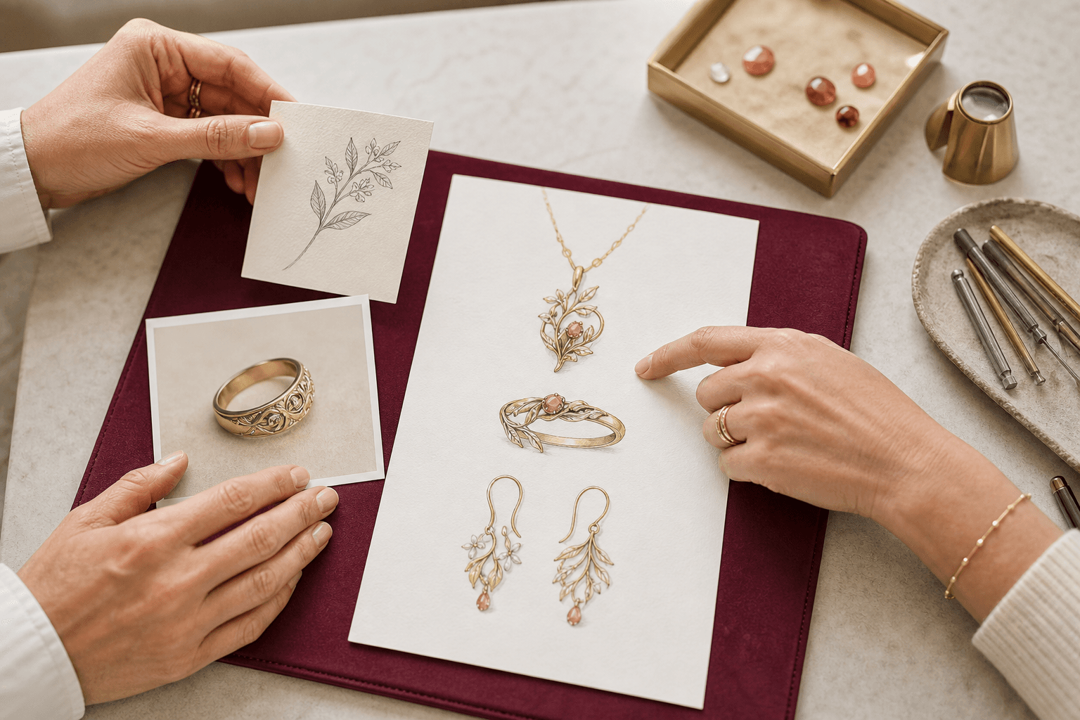 Illustrative permitted heirloom reference and botanical sketch beside three original jewelry directions