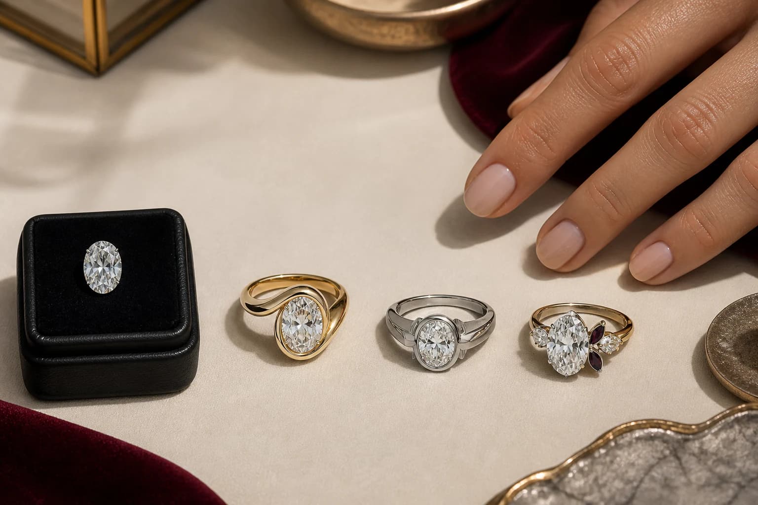 Illustrative loose oval diamond direction beside three meaningfully different ring settings