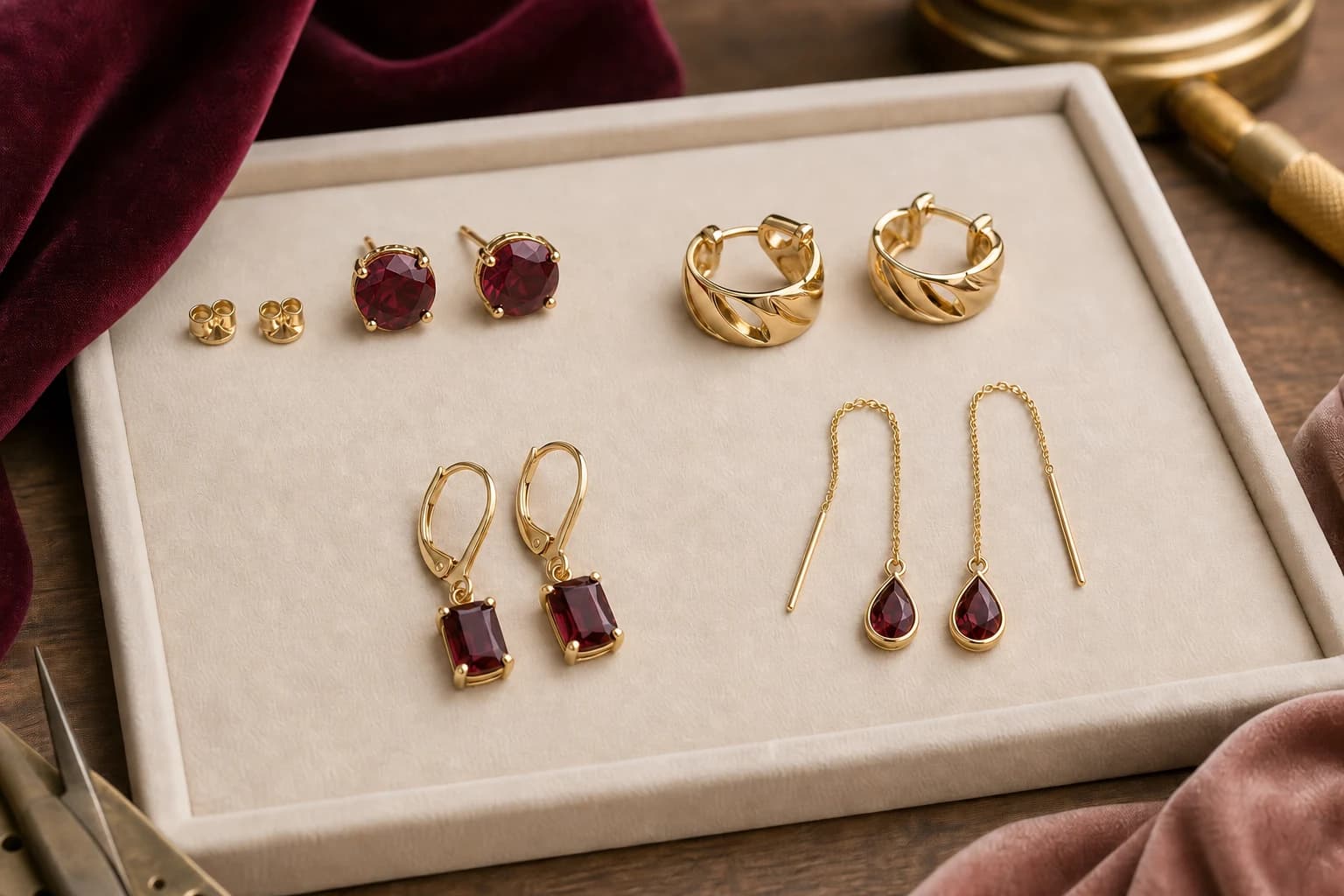 Illustrative atelier tray showing distinct earring forms and visible backing or closure directions