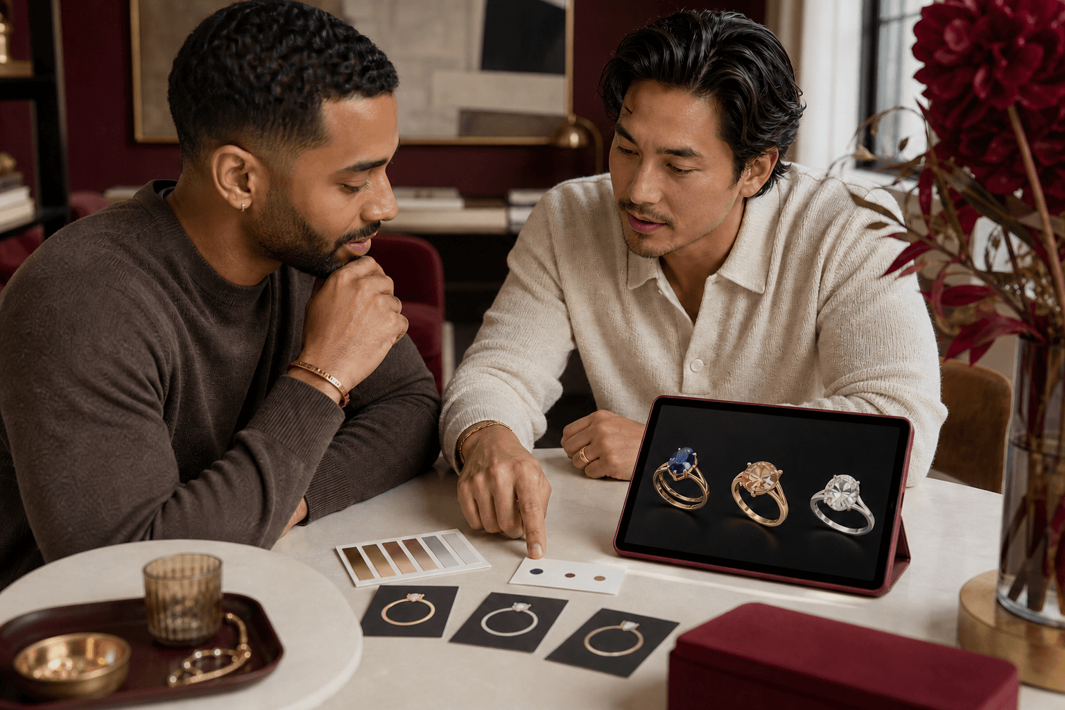 Illustrative scene of discreet, permission-respecting engagement-ring clues gathered from everyday context