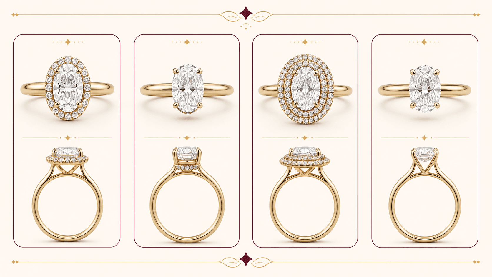 Classic halo, hidden halo, double halo, and solitaire oval engagement rings compared from top and side