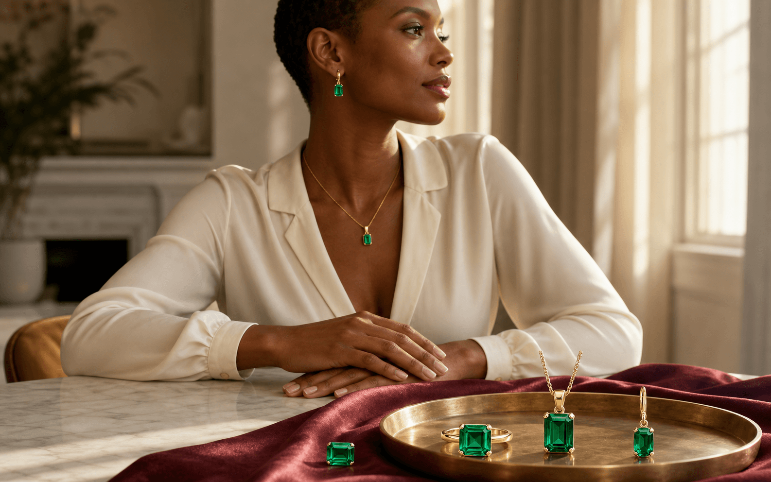 Illustrative laboratory-grown emerald shown as a loose stone, ring, pendant, earrings, and worn jewelry