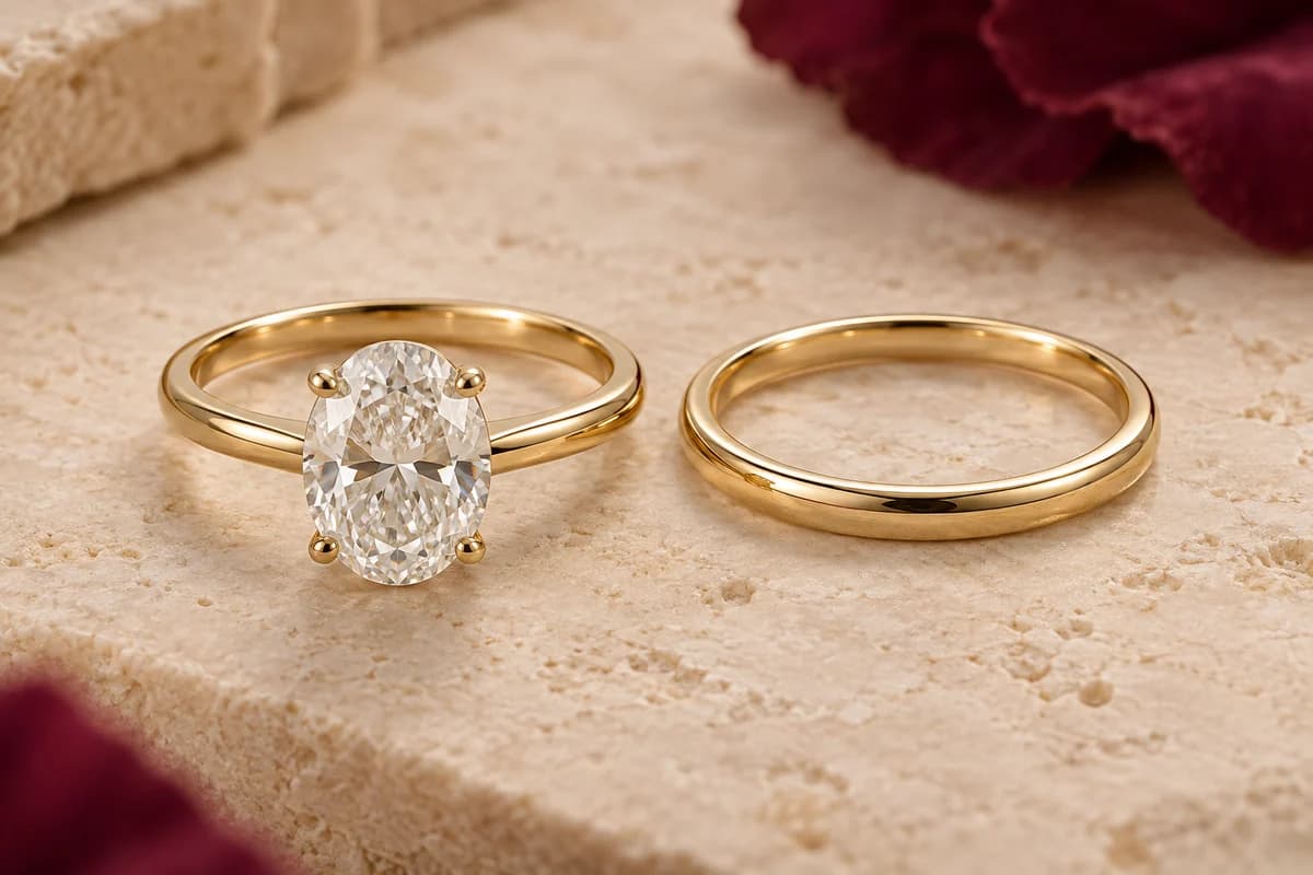 Illustrative oval solitaire and plain wedding-band concepts shown separately on a warm ivory surface