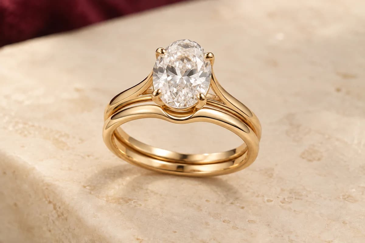 Illustrative shaped wedding-band concept following an oval engagement-ring outline