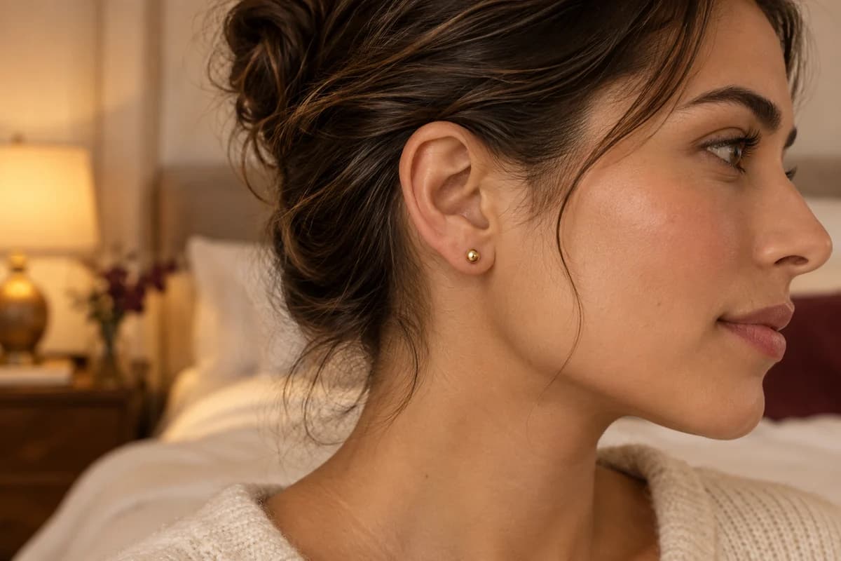 Illustrative evening scene with a small stud left in place in an ear