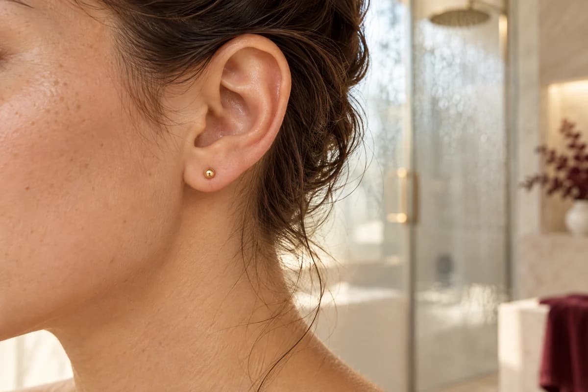 Illustrative bathroom scene with a small stud left in place in an ear