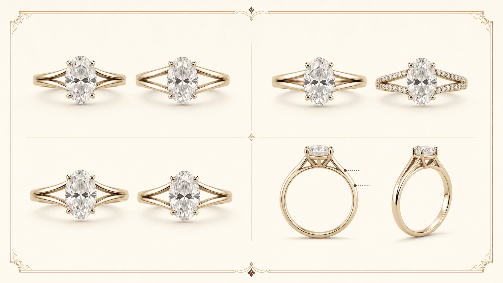 Split-shank ring comparisons showing tighter and wider openings, polished and pave rails, symmetry, and side structure