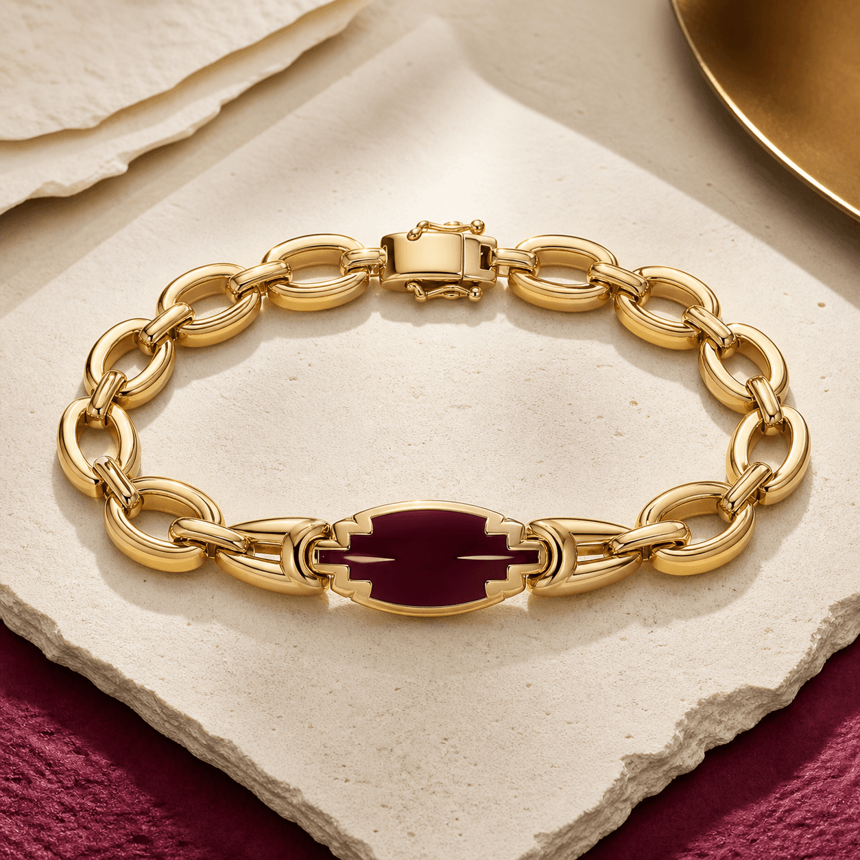 Illustrative substantial articulated gold bracelet with a visible clasp and burgundy focal detail