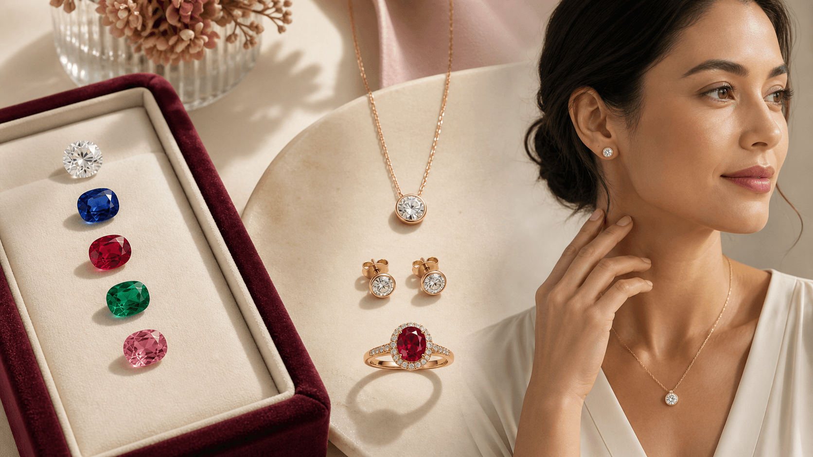 Loose colorless, blue, red, green, and pink stones beside simple-to-statement jewelry and an illustrative wearer