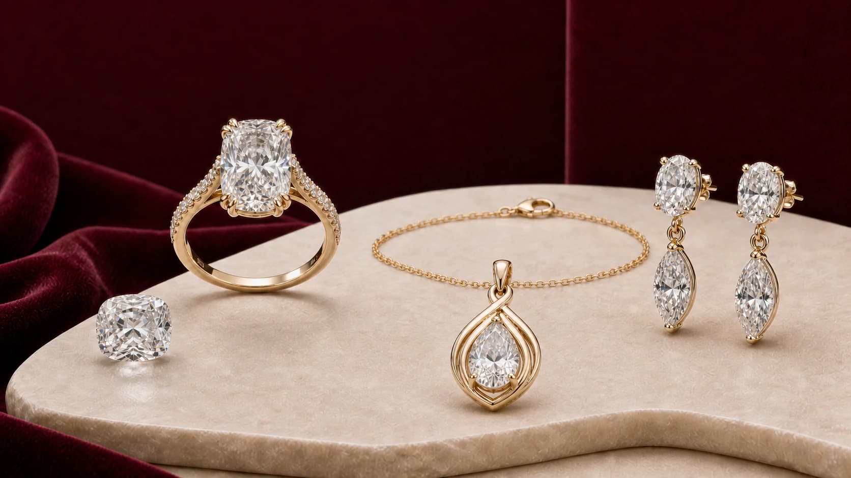 Illustrative colorless moissanite shown as a loose cushion and significant ring, pendant, and drop-earring directions