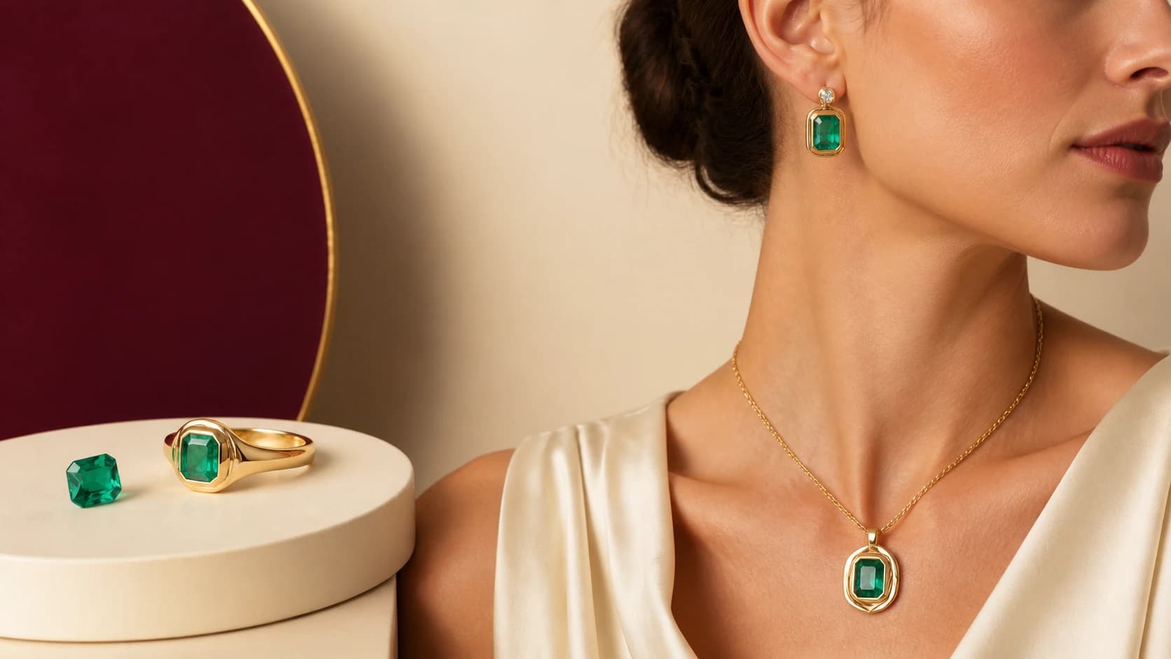 Illustrative laboratory-grown emerald direction shown as a loose stone, protective ring, pendant, and earring