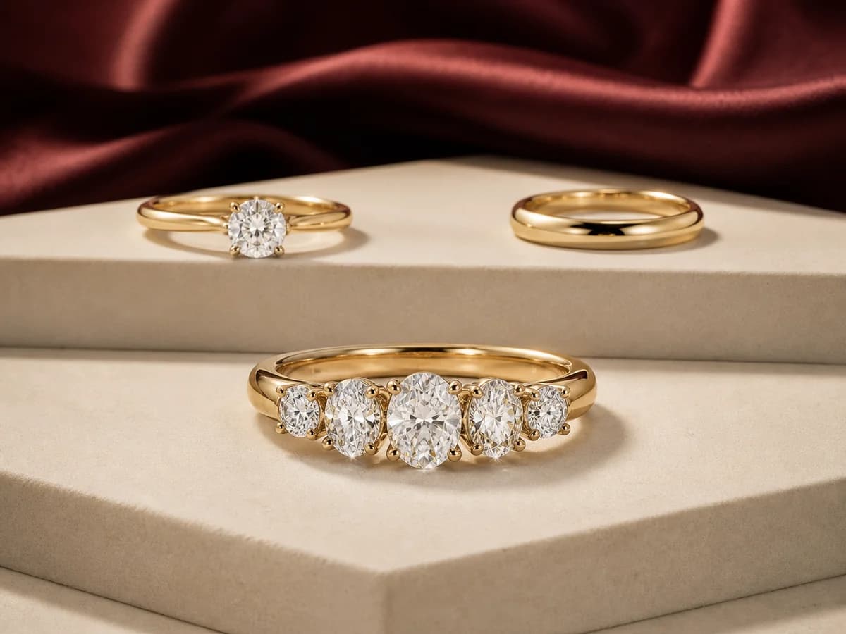 A graduated five-stone anniversary band shown as a separate milestone direction beside an engagement ring and plain wedding band.